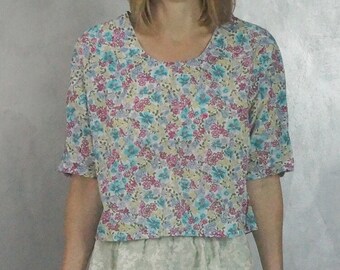 flowery cotton top - shirt, top, slowfashion, fairfashion, short sleeves, size S