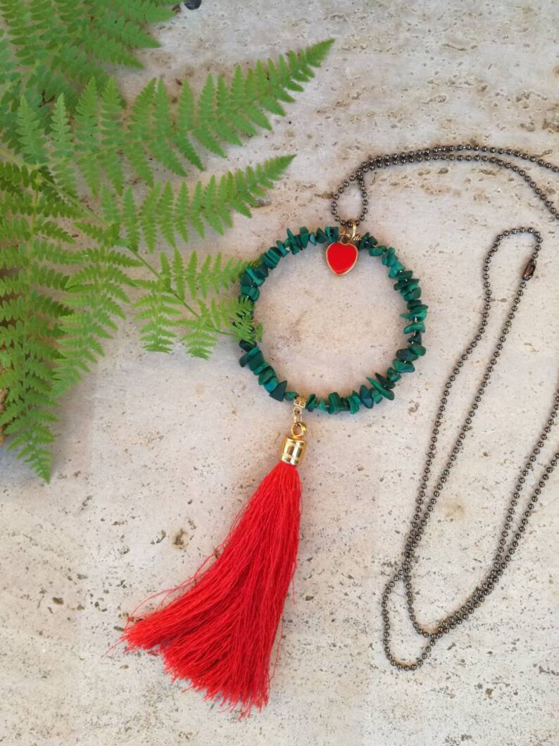 Long Necklace Brass Chain Necklace Tassel Necklace Circle Shaped Statement Semi Precious Stones Necklace