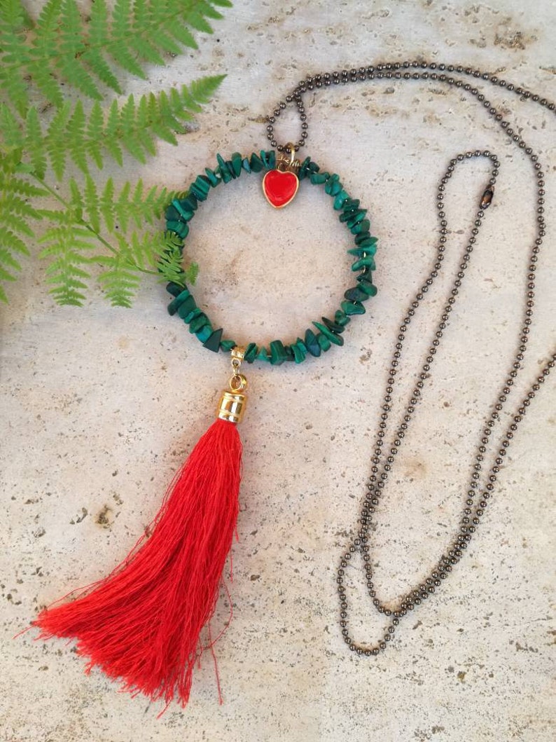 Long Necklace Brass Chain Necklace Tassel Necklace Circle Shaped Statement Semi Precious Stones Necklace
