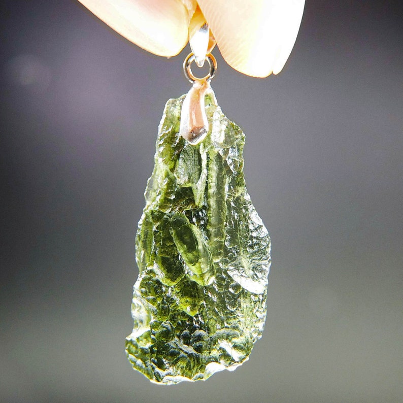 Vibrant green Certified Glossy Moldavite Pendant