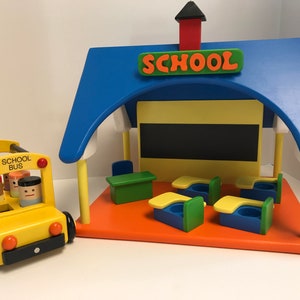 Wooden Toy School House with School Bus, 5 people, 4 student desks, 1 teacher desk and chair