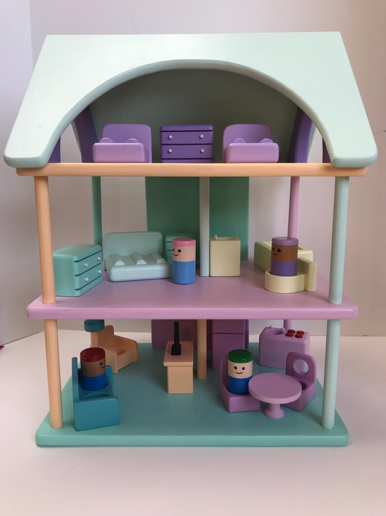 Wooden Toy Dollhouse W/4 People and Furniture. Toddler Etsy