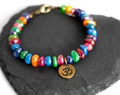 Rainbow Om Bracelet; jewellery, her, christmas, festival, yoga, gift, tiedye, yogi, aum, ohm, antique brass, rustic, hippie, rainbow, autumn