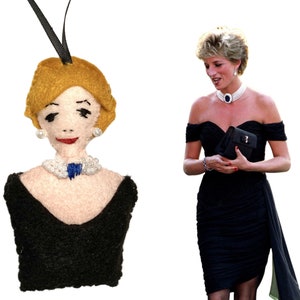 Princess Diana, revenge dress from the 1990s, Christmas felt character hanging decoration