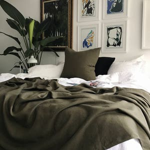 Green Linen Throw Blanket - Deep Moss Green Color XL Throw - Cozy Bedding - Made to Order in the USA