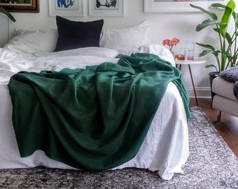 XL Hunter Green Linen Throw Blanket - 100% Flax Linen - Cozy Natural Bedding - Made to Order in the USA