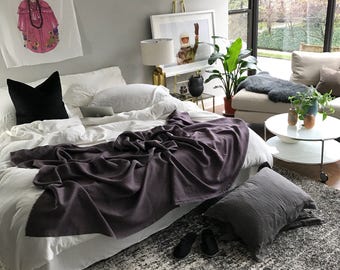 Dusty Purple Linen Throw Blanket - Natural Flax Bedding - Made to Order in the USA