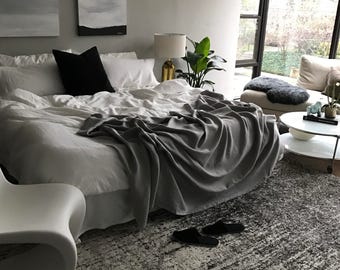 Holiday Sale -Nickle Gray Linen Throw Blanket - 58"W x 64"L 100% Flax Natural Linen - Summer Bedding - Made to Order in the USA