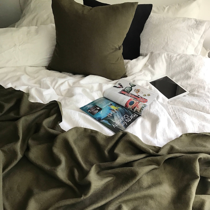 Green Linen Throw Blanket Deep Moss Green Color XL Throw Etsy