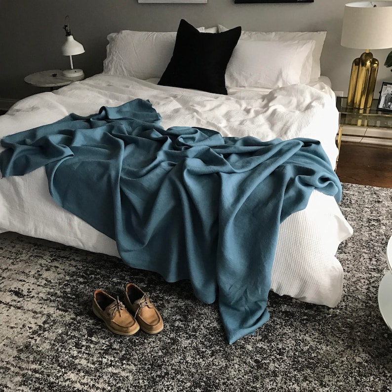 XL Sapphire Blue Linen Throw Solid Blue Blanket Made to Etsy