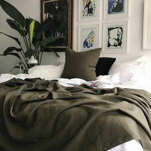 Deep Moss Green Linen Throw Blanket - Cozy Bedding - Natural Bedding - 100% Flax Linen - Made to Order in the USA