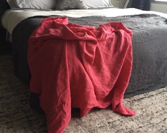 Rose Red Linen Throw Blanket – USA Made, Frayed Edge Detail