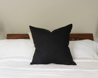 Black Linen Square Pillow - Both Sides 100% Flax Linen - Made in USA - Solid Black 12x16, 12x20, 14x24, 16x16, 18x18, 20x20, 22x22, 24x24