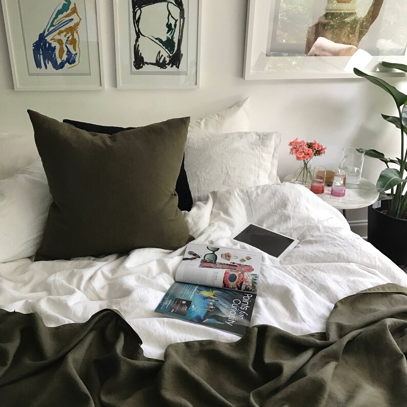 XL Deep Moss Green Linen Throw Blanket 100 Flax Linen Etsy