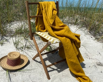 Mustard Yellow Linen Throw XL Blanket - 100% Linen - Beach Blanket - Summer Bedding - Soft Bedding-  Made in the USA