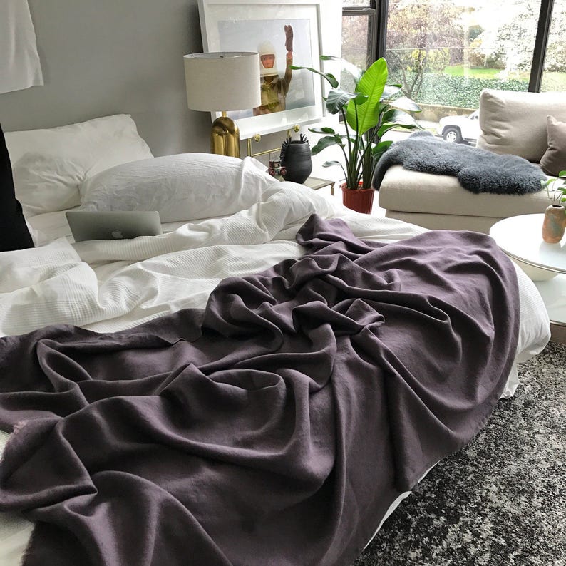 Dusty Purple Linen Throw Blanket Natural Flax Bedding Made Etsy
