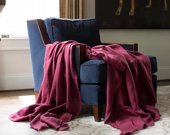 Special Sale Burgundy Bordeaux Linen Throw Blanket - Solid Burgundy Blanket - Made to Order in the USA - Living Room and Bedroom