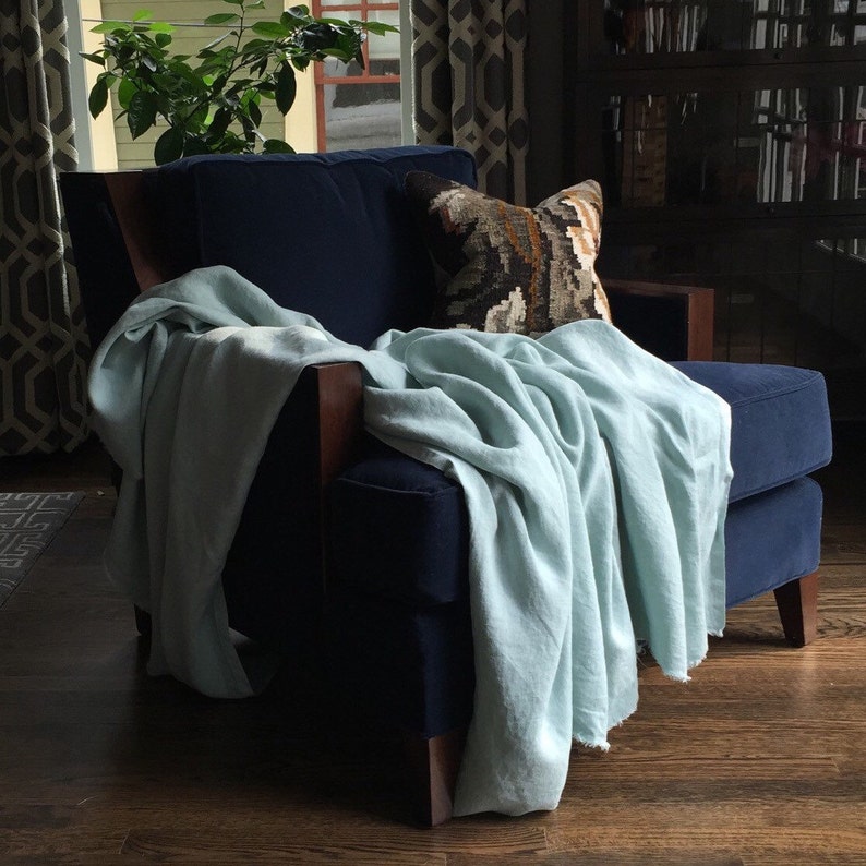 French Blue Linen Throw Blanket XL Modern Bedding Flax Etsy