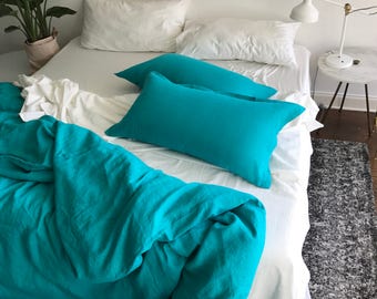 Holiday Sale Linen Pillow Shams - Pair of Teal Linen King Shams - 20"W x 38"L - Summer Bedding - Made in the USA