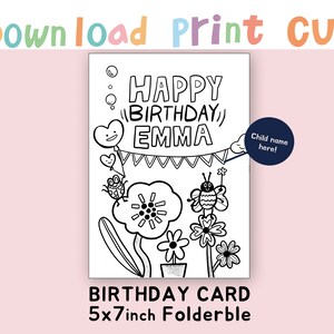 custom name Coloring birthday card for child, Girl birthday card , PRINTABLE card, coloring card, digital DOWNLOAD 5x7