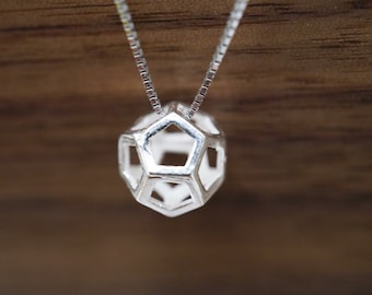 Sterling silver 3D hollow dodecahedron geometric necklace