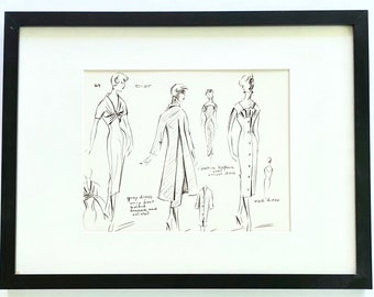 Vintage Fashion Illustration Print Mid Century Sketches Reproduction