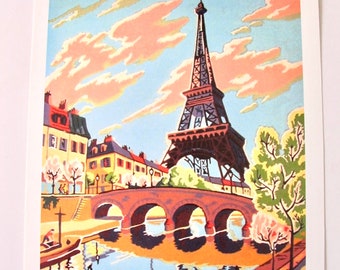 Vintage Malen nach Zahlen** Paris Eiffelturm** Reproduktionsdruck, fertig zum Aufhängen