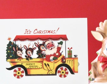 Vintage Style Greeting Card Santa in his Car with Reindeer by writeables