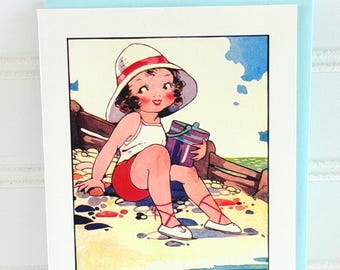 Grußkarte mit Mädchen am Strand