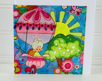 Quadratische Blanko Grußkarte Mädchen in Mod Heißluftballon von Writeables