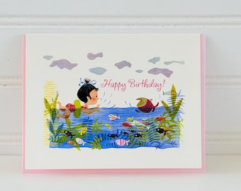 Geburtstagskarte für kleine Mädchen schwimmt mit Fisch von Writeables