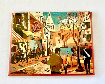 Vintage Paint By Number Paris Street Scene Mid Century Montmarte Artist Painting Kitsch Greeting Card