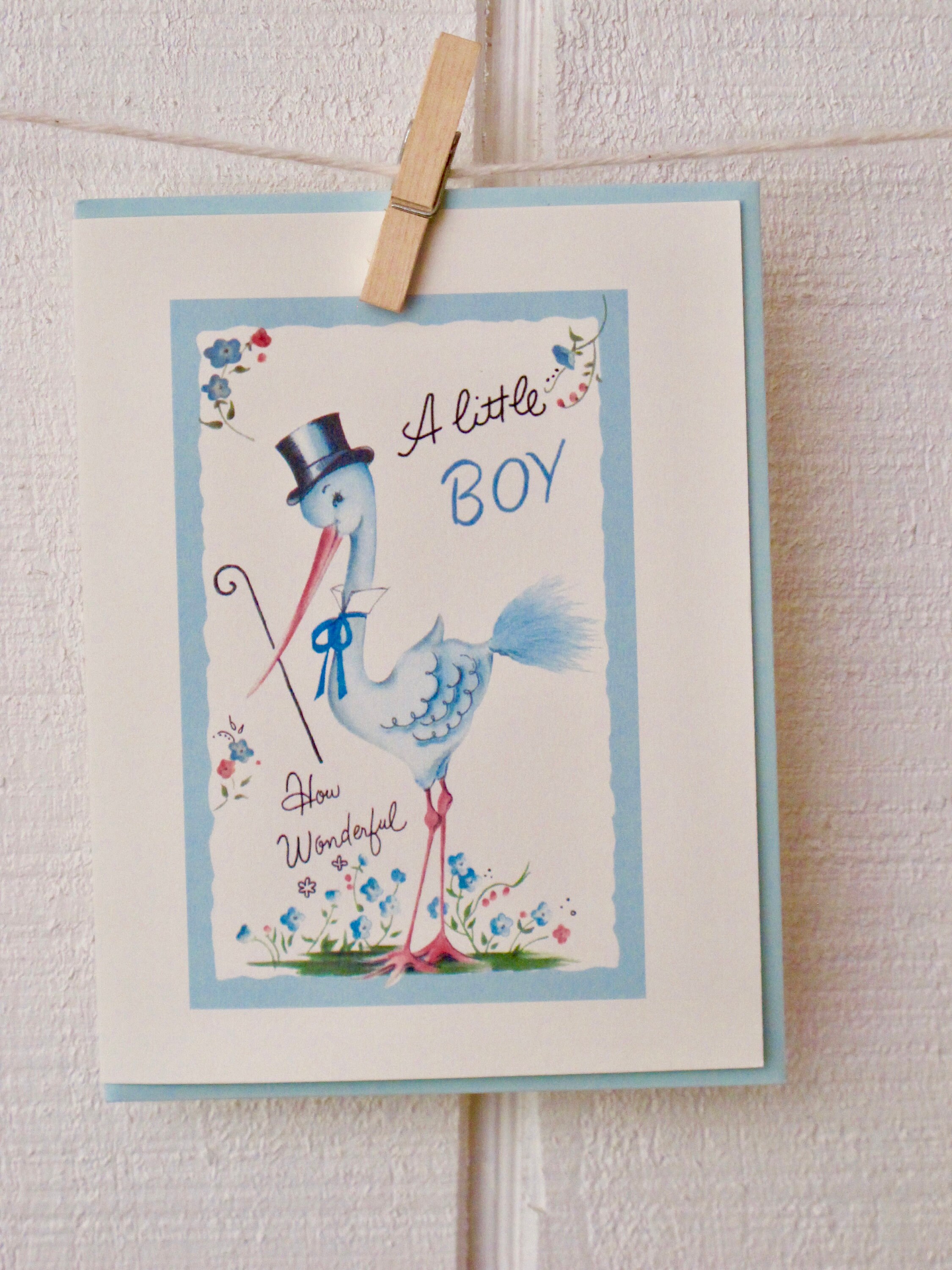 Storch viktorianischen Vintage Style Baby Boy Glückwünsche Grüße Karte leer Storch viktorianischen Vintage Style Baby Boy Glückwünsche Grüße Karte leer