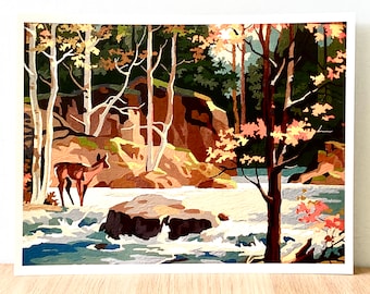 May include: A paint-by-numbers landscape featuring a deer standing in a stream. The artwork depicts a forest scene with trees, rocks, and flowing water. The color palette includes shades of brown, green, and blue.