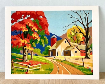 Vintage Paint by Number ** Fall Leaves and Barn**Ready to Hang Reproduction Print