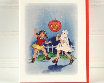 ハロウィンカード パンプキンガール ヴィンテージスタイル グリーティングカード by writeables