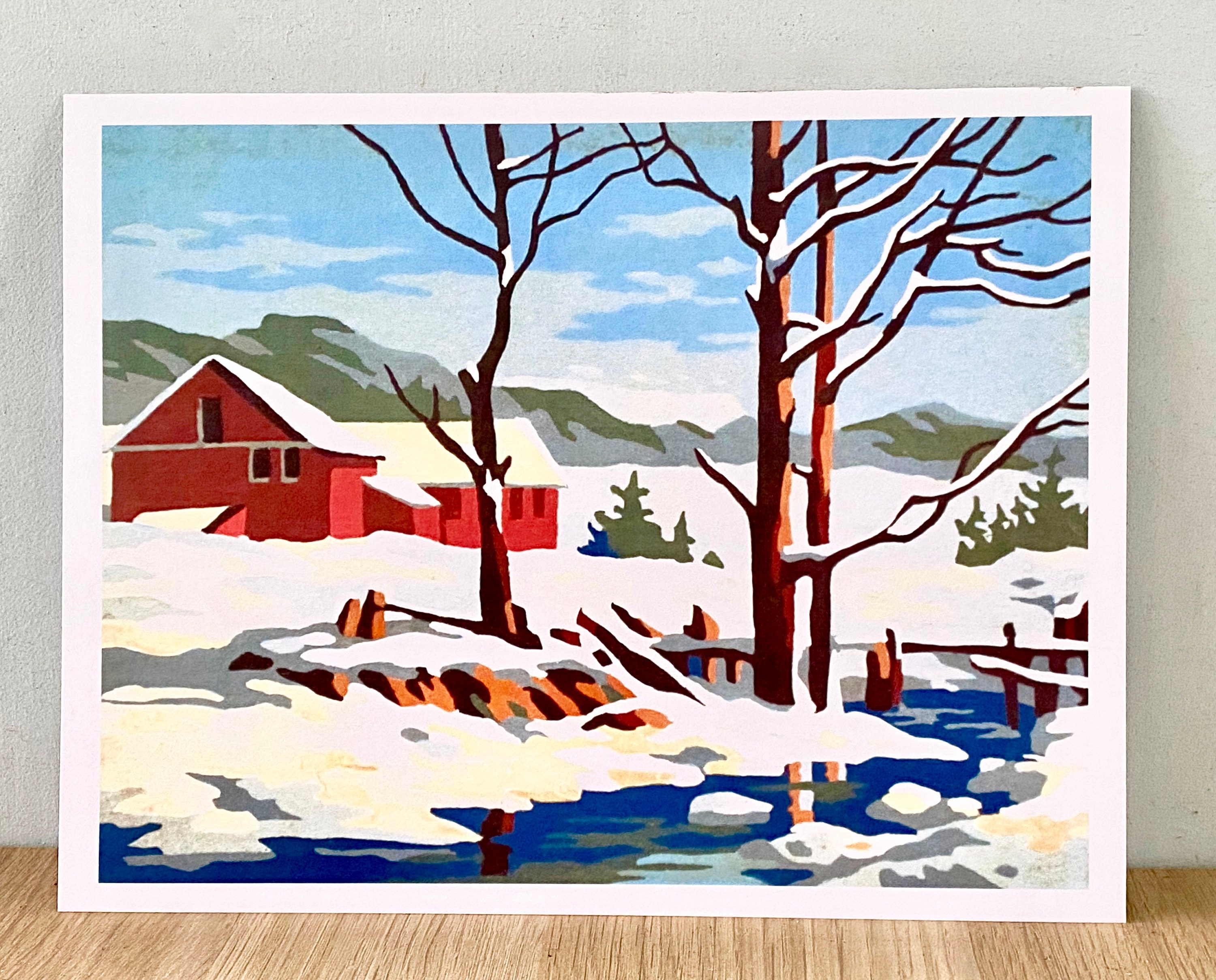 Vintage Paint by Number Red Farm in Winter Ready to Hang Reproduction