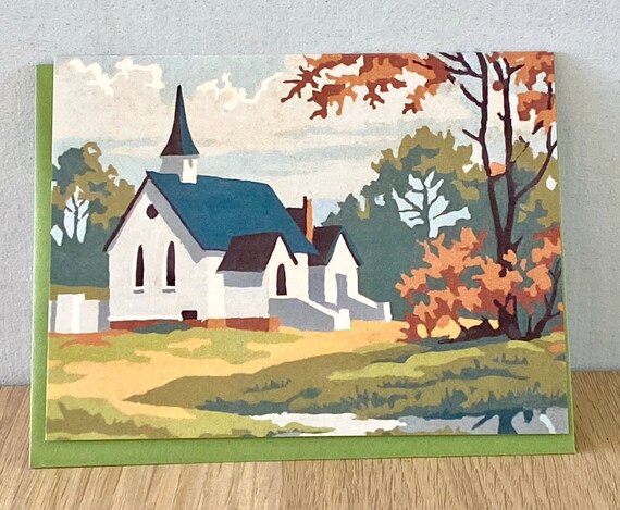 vintage paint by number church ready to hang reproduction print