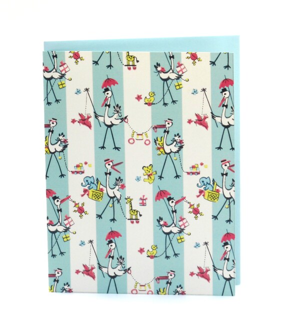 Storch viktorianischen Vintage Style Baby Boy Glückwünsche Grüße Karte leer Storch viktorianischen Vintage Style Baby Boy Glückwünsche Grüße Karte leer