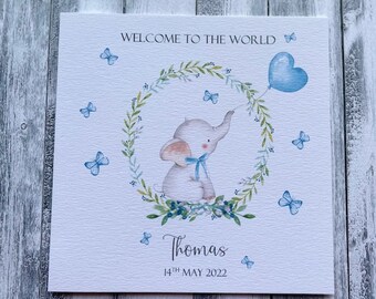 Personalised Baby Elephant themed new baby card, hello little one, welcome to the world New Baby Card