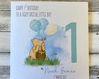 Son First Birthday Card, Personalised Boys Winnie the Pooh 1st, 2nd, 3rd Birthday Card, Little Boy, Grandson Card, Nephew Card, Godson Card