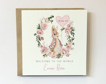 New Baby Card - Baby Girl - Personalised - Vintage Flopsy Bunny, Peter Rabbit Card - Congratulations, Welcome to the World