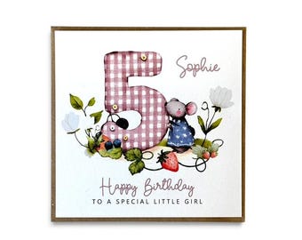Mouse Themed Girls 5th Birthday Card - Personalised Daughter Granddaughter Niece Sister Goddaughter Special little Girl 5th Birthday Card