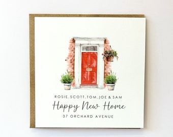 May include: A watercolor illustration of a red front door with a white frame and brick surround. The door has a small window and a brass door knocker. There are potted plants on either side of the door and a hanging planter above the door. The text "Rosie, Scott, Tom, Joe & Sam Happy New Home 37 Orchard Avenue" is printed below the door.