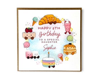 Personalised Plush Style Character Any Age Birthday Card – Cute Daughter, Granddaughter  Birthday Card, Cake, Desserts, Croissant, Brunch
