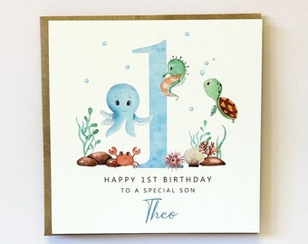 Under the Sea Boys Birthday Card - Ocean Sea Life Fish - Under the Sea - Personalised 1st 2nd 3rd 4th Birthday - Son Grandson Nephew