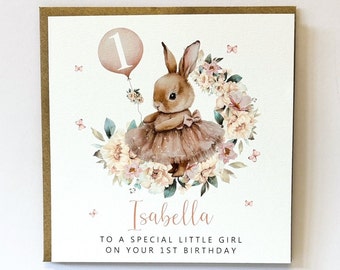 Little Bunny Girls 1st Birthday Card - Personalised Daughter Granddaughter Niece Sister Goddaughter Special little Girl, 1st 2nd 3rd Any age