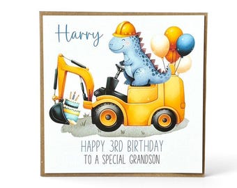 Handmade Personalised Birthday Card, Dinosaur, Digger Truck, Any Age, Son, Grandson, Nephew, Daughter, Granddaughter, Dinosaur Card Birthday