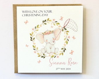 Personalised Christening Card, Baptism Card, Baby Naming Day Card, Dedication Day Card, Baby Elephant Theme, Girl Christening Card