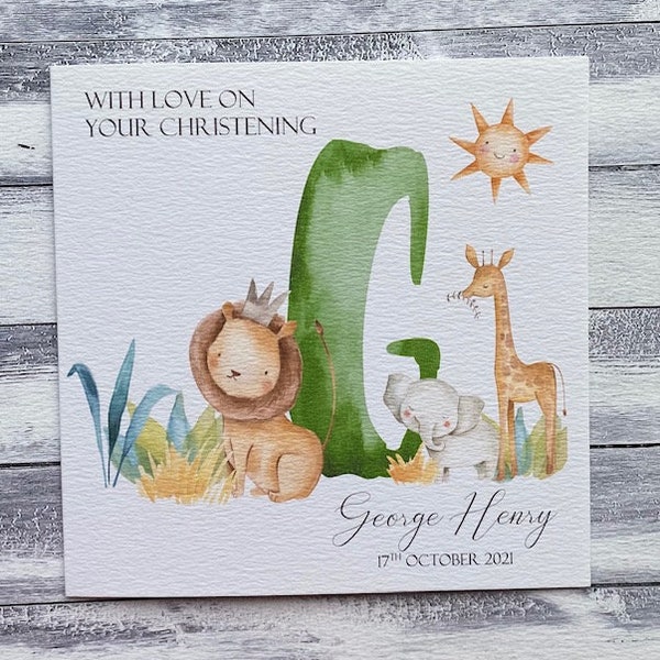 Personalised Christening Card, Baptism Card, Baby Naming Day Card, Dedication Day Card, Jungle Safari Theme